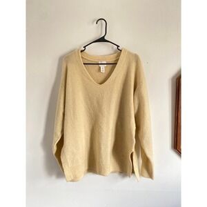 HM‎ Womens V-Neck Knit Sweater Pale Yellow Relaxed Fit Side Slits Size M